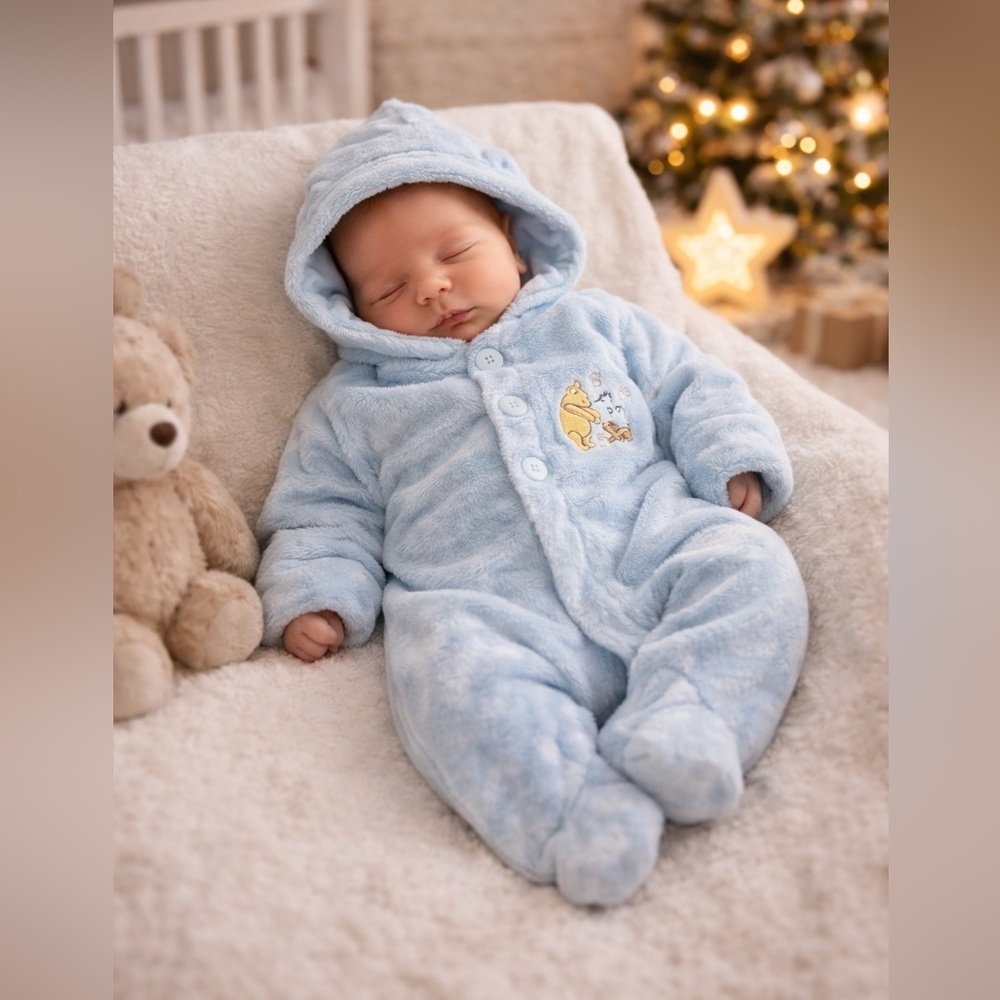 Disney Classic Pooh Hooded Footed Fleece One Piece | Newborn | Blue
